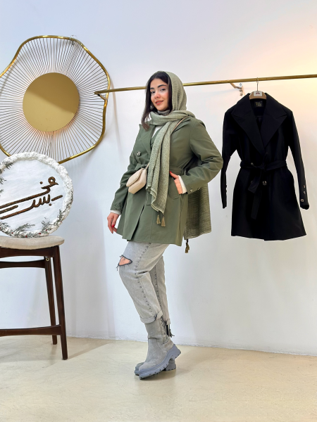 پالتو کتان آستردار یقه انگلیسی 4دکمه کمربند دار bsn1505