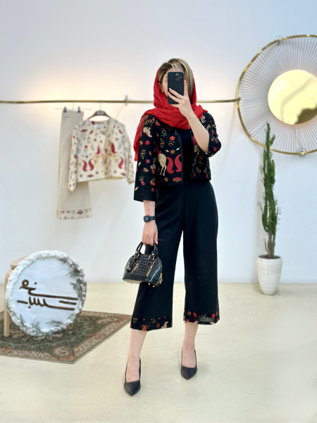 ست دو تیکه کت و شلوار لینن گلدوزی و نوار دوزی شده bsn1095