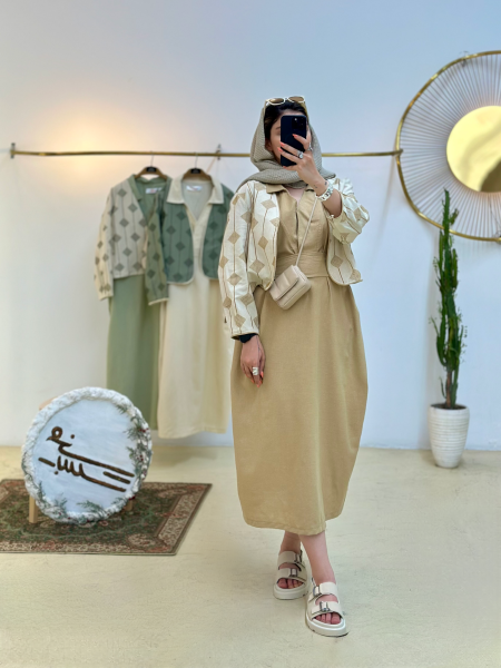 ست 2تیکه ساحلی کمربند دار و کت لینن طرح لوزی bsn1121