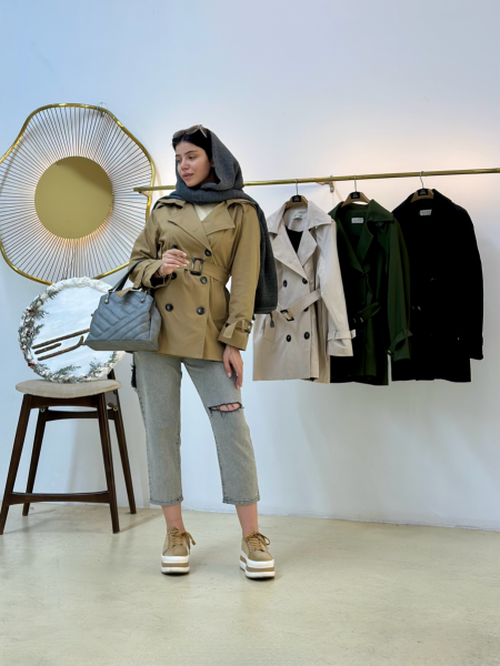 ترنچ کت کتان zara آستردار و کلاه دار کمربند سگکدار bsn1417