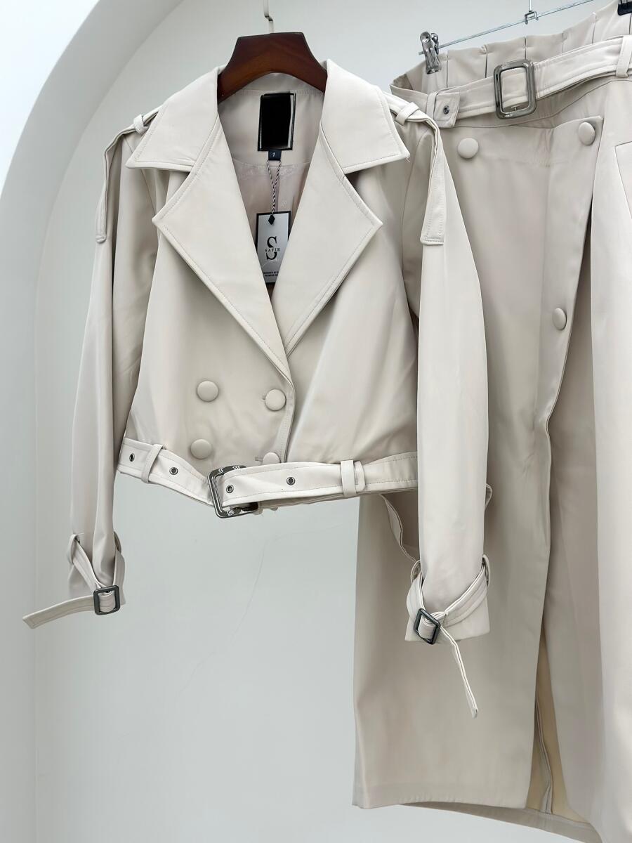 ست 2تیکه ترنچ کت ودامن کتان تی سی پاییزه آستردار pd187-7