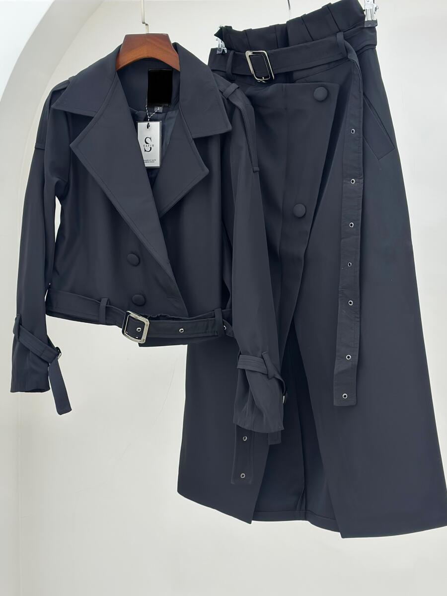 ست 2تیکه ترنچ کت ودامن کتان تی سی پاییزه آستردار pd187-7