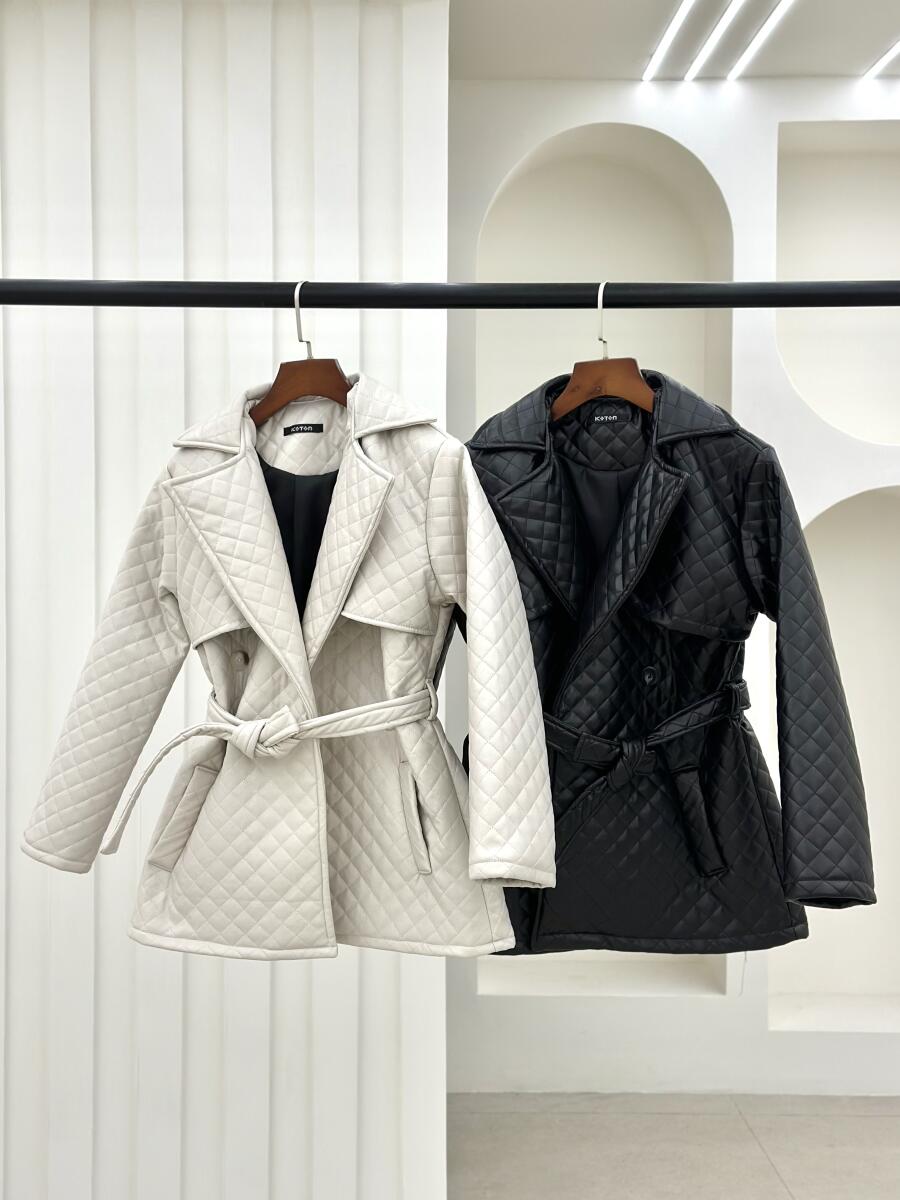 پالتو چرم 4 دکمه کمربنددار آستردار pd382-14