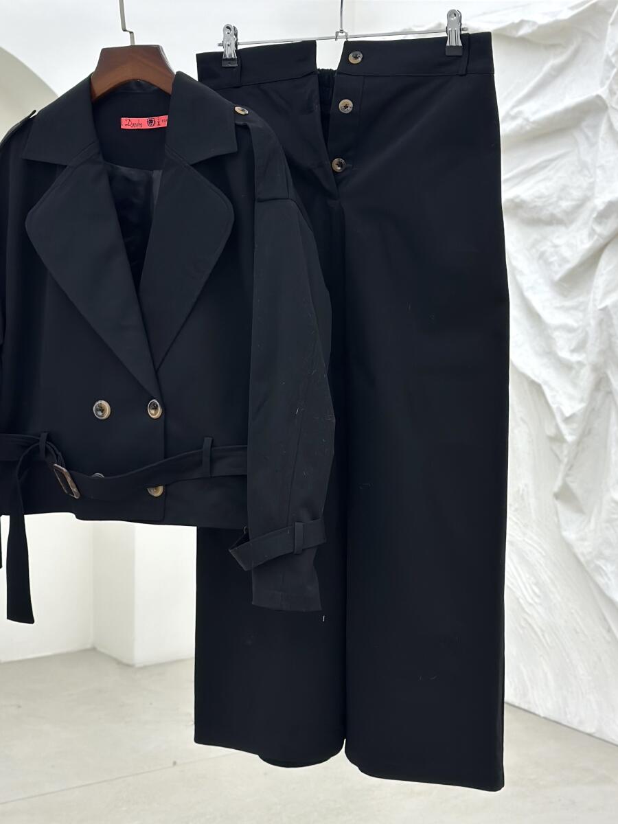 ست 2تیکه ترنچ کت آستردار و دامن کتان پاییزه pd220-8