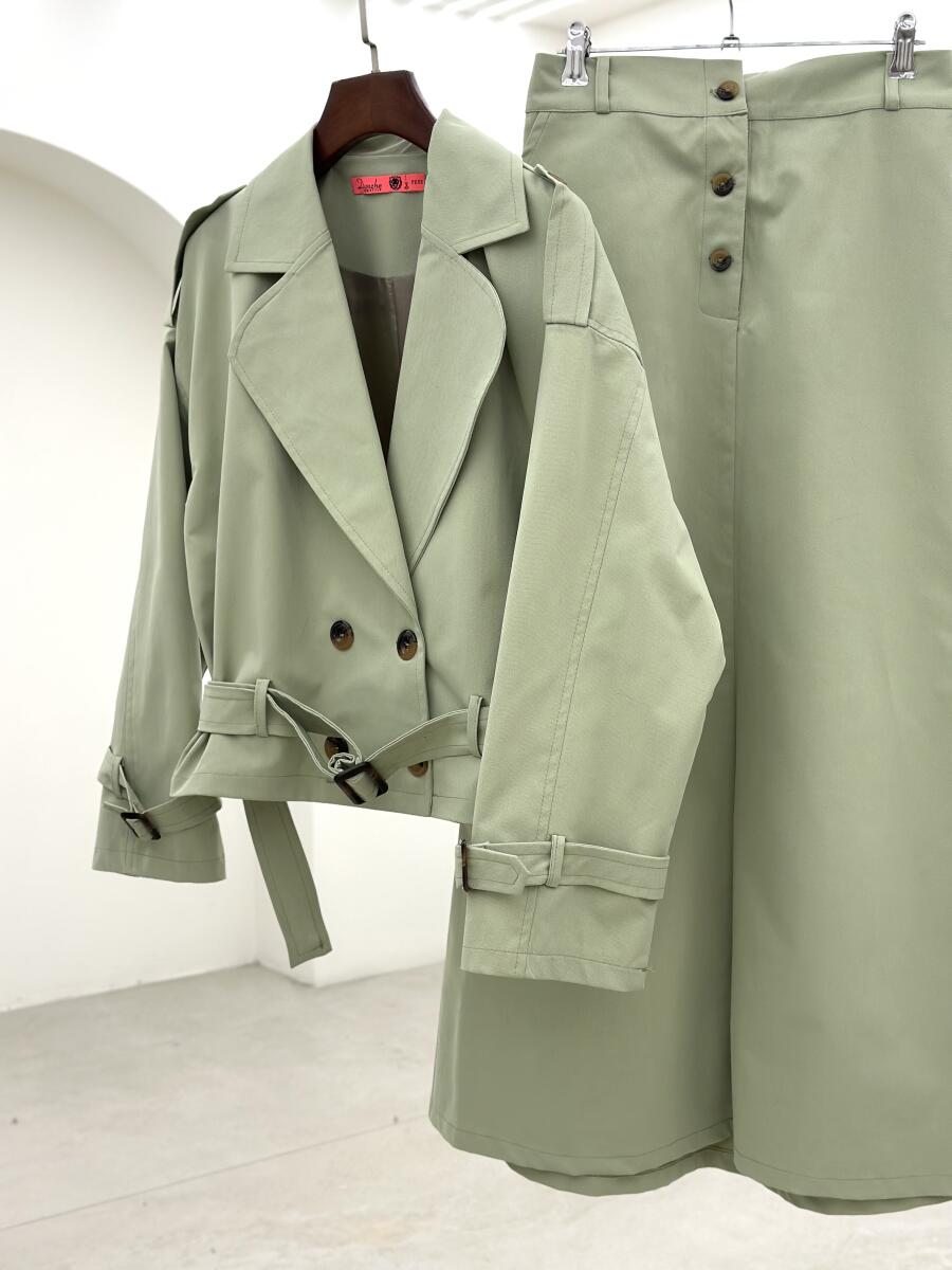 ست 2تیکه ترنچ کت آستردار و دامن کتان پاییزه pd220-8