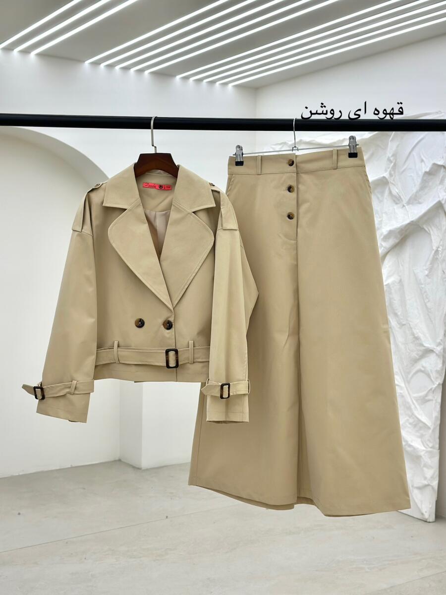 ست 2تیکه ترنچ کت آستردار و دامن کتان پاییزه pd220-8