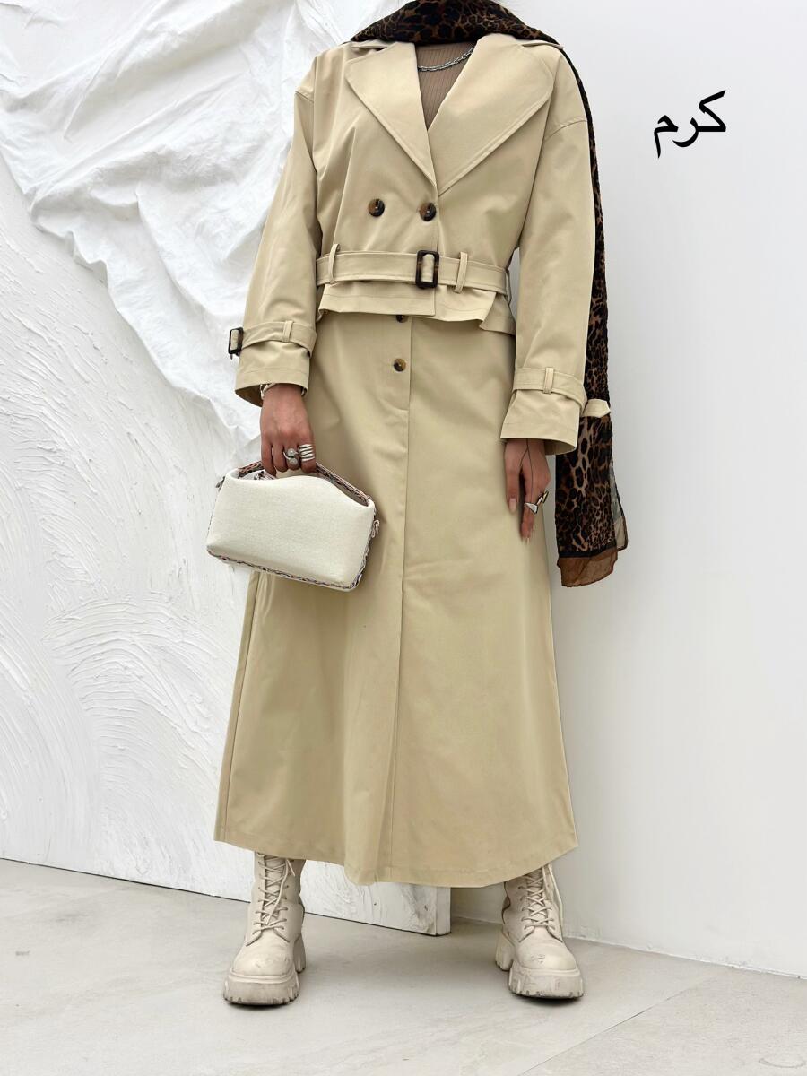 ست 2تیکه ترنچ کت آستردار و دامن کتان پاییزه pd220-8