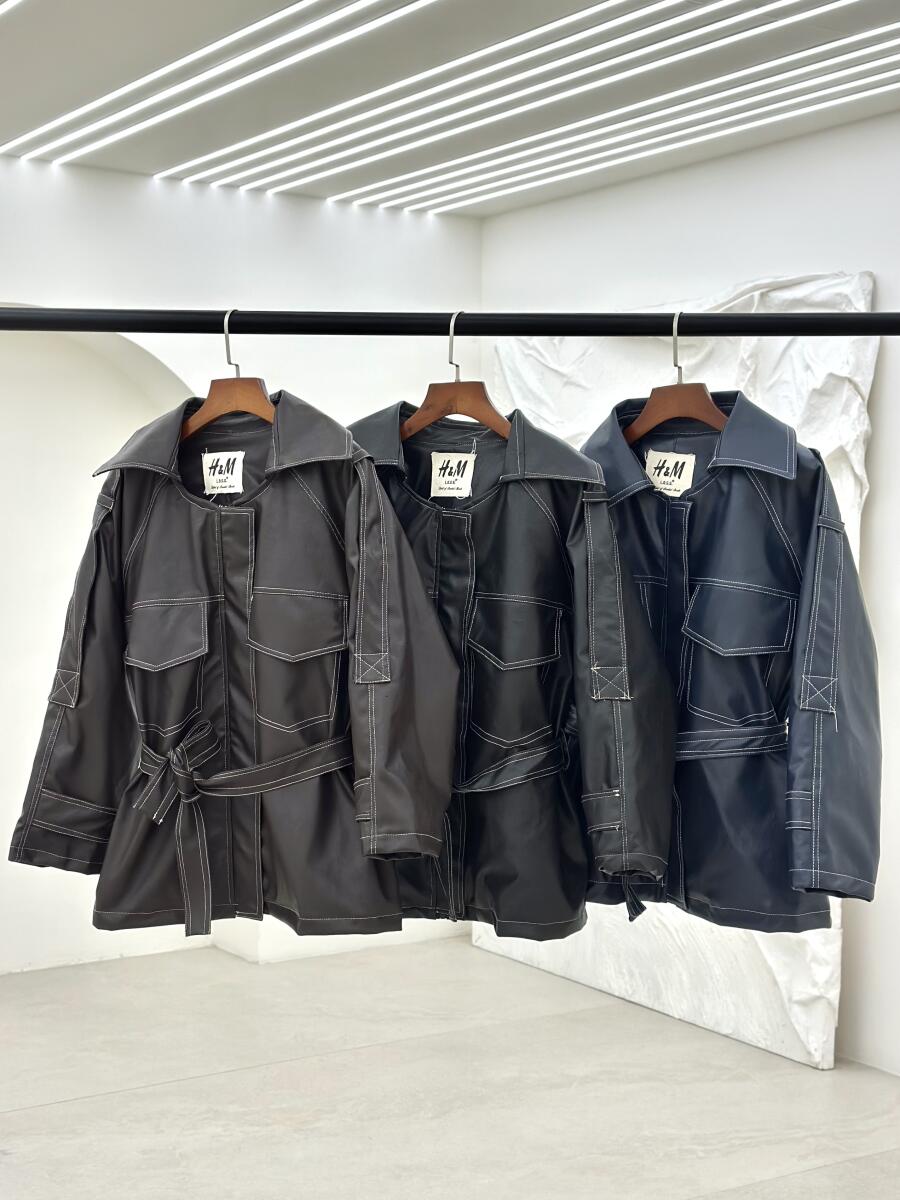 کاپشن چرم کوک دوزی شده کمربنددار آستردار pd255-9