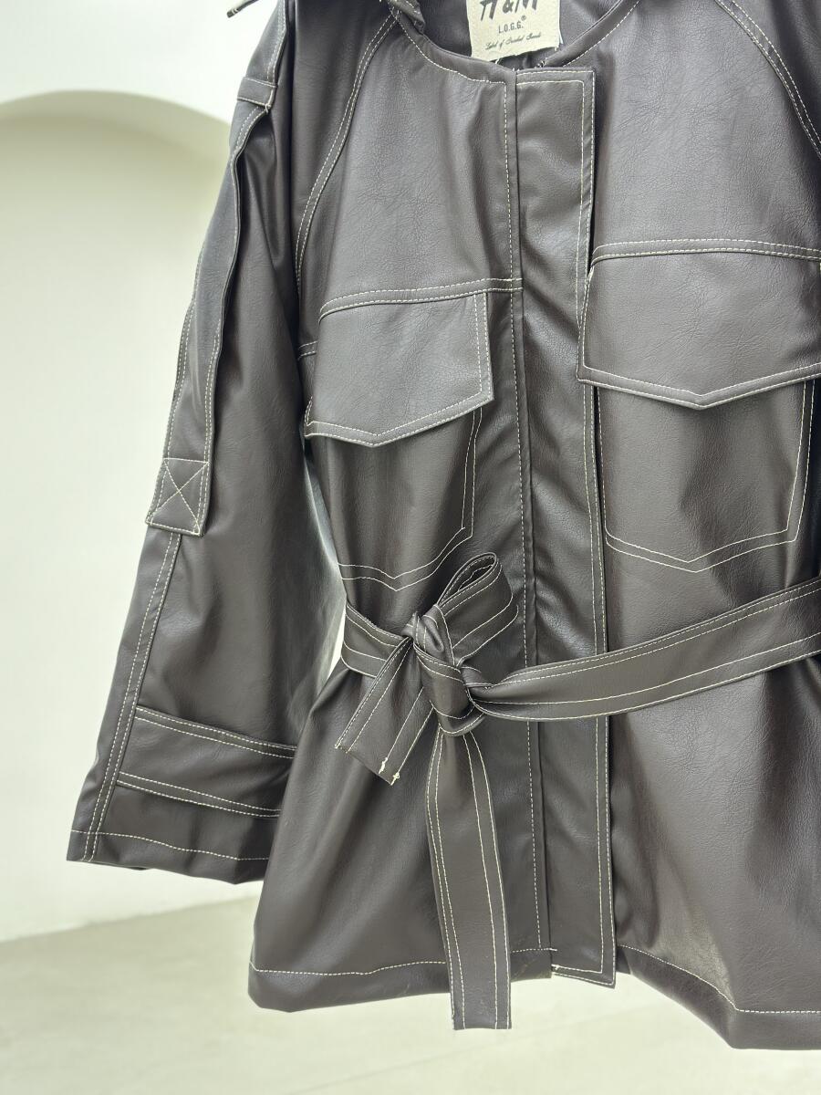 کاپشن چرم کوک دوزی شده کمربنددار آستردار pd255-9