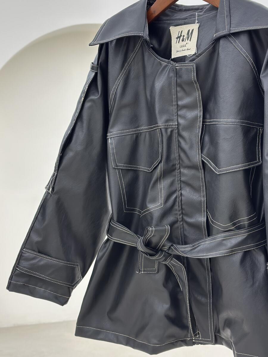 کاپشن چرم کوک دوزی شده کمربنددار آستردار pd255-9