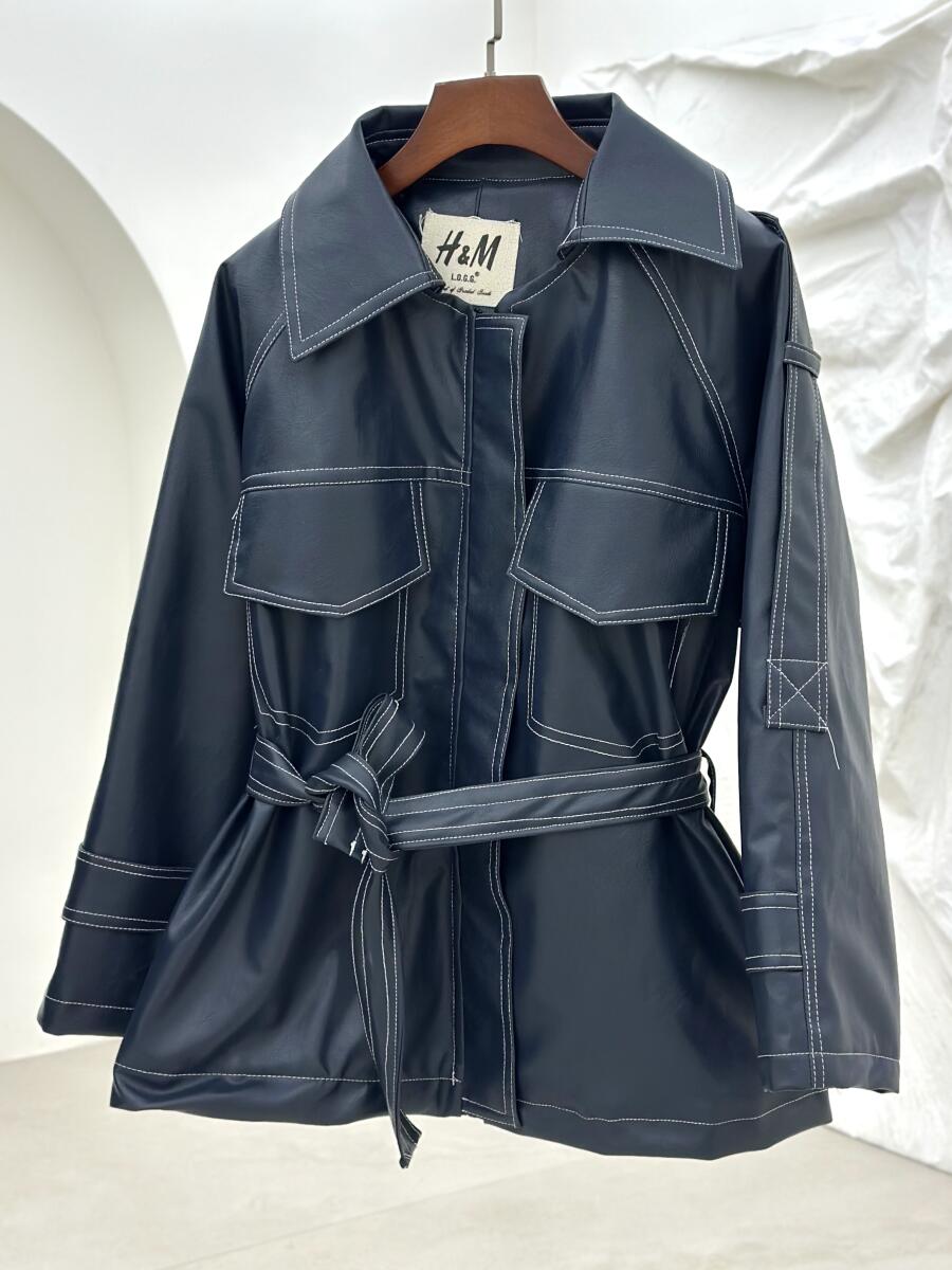 کاپشن چرم کوک دوزی شده کمربنددار آستردار pd255-9