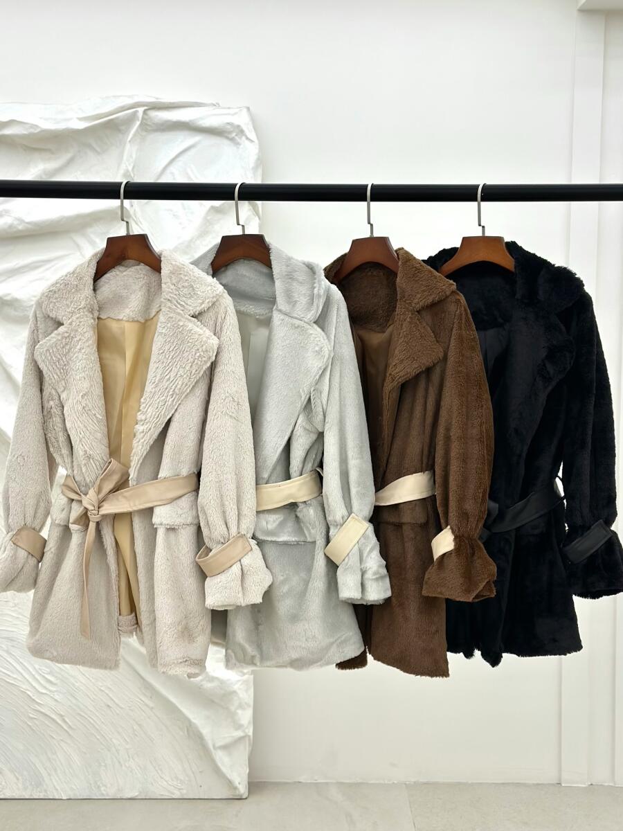 پالتو پوست طرح جیب کمربند چرم آستردار pd277-4