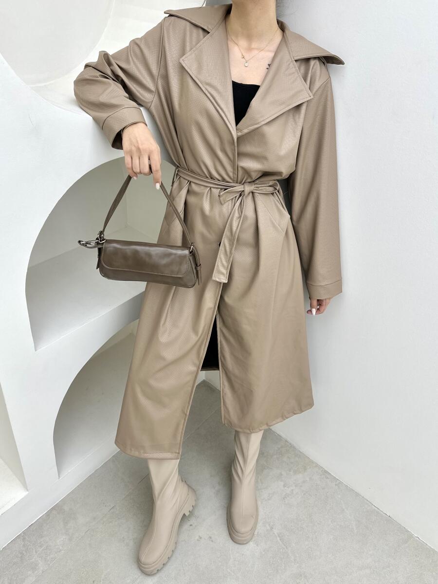 پالتو چرم کلاسیک دکمه دار کمربنددار آستردار pd283-15