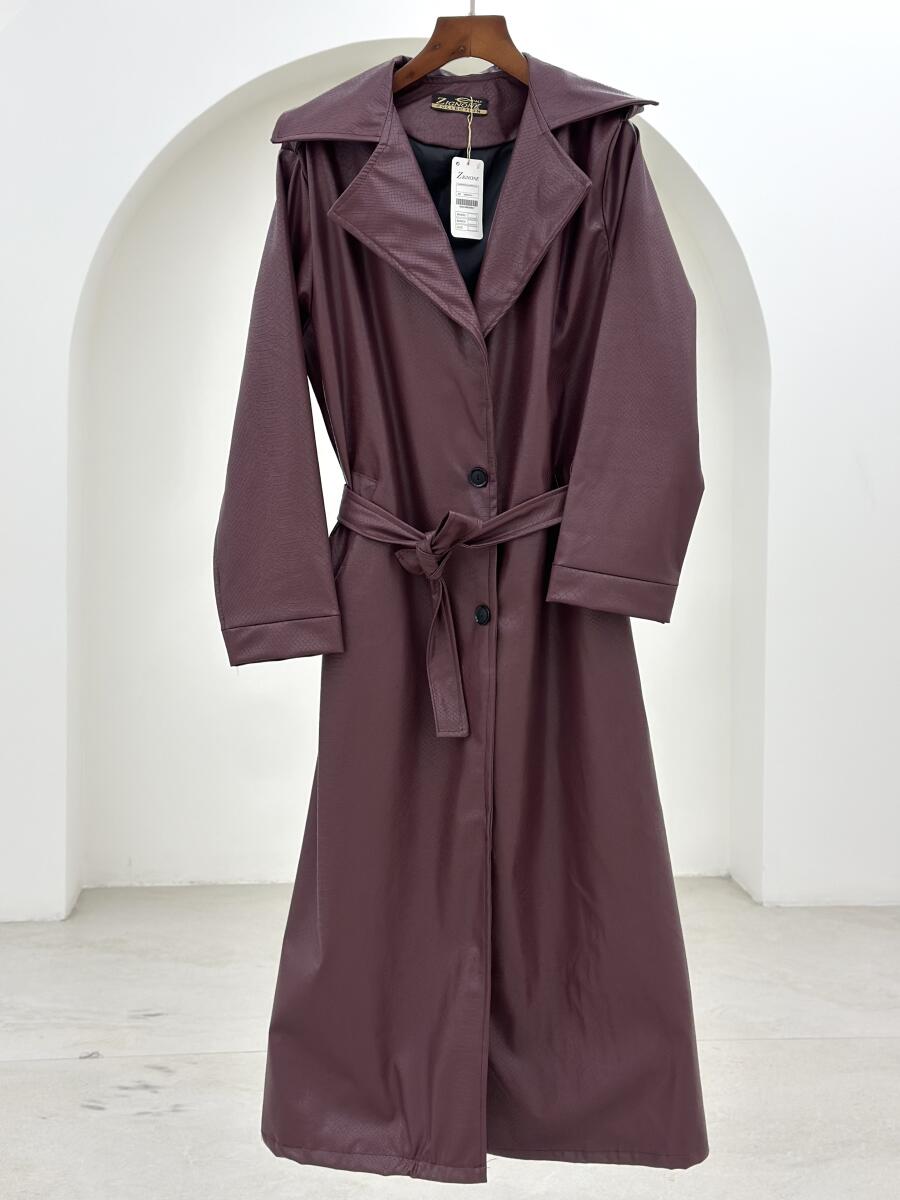 پالتو چرم کلاسیک دکمه دار کمربنددار آستردار pd283-15