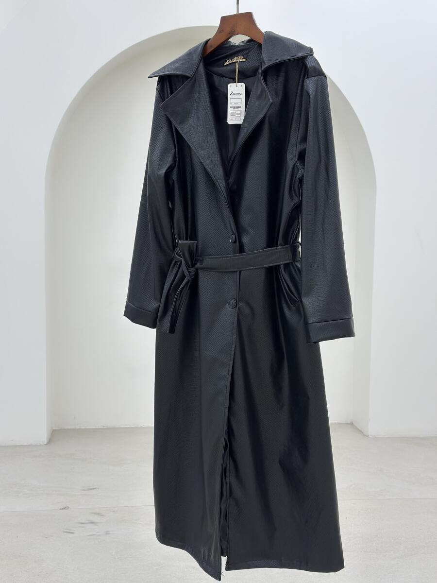 پالتو چرم کلاسیک دکمه دار کمربنددار آستردار pd283-15