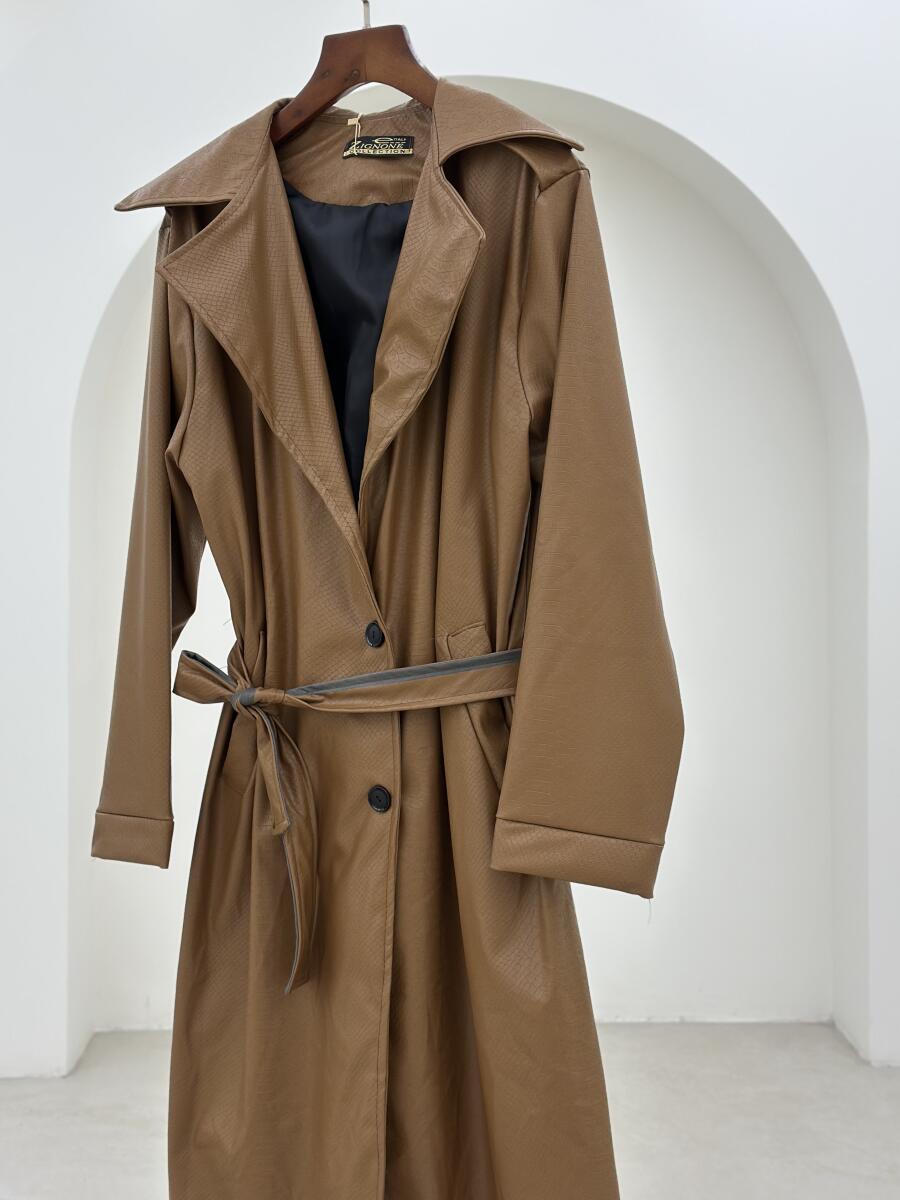 پالتو چرم کلاسیک دکمه دار کمربنددار آستردار pd283-15