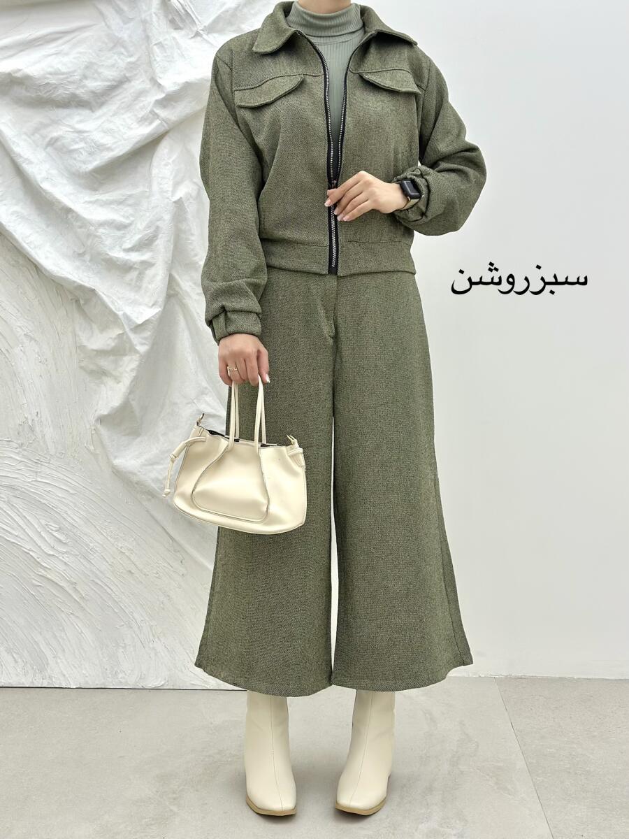 ست 2تیکه بامبر آستردار و شلوار بگ طرح بافت pd295-16