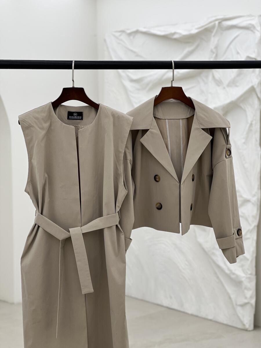 ست 2تیکه وست آستردار بلند و ترنچ کت کتان pd301-9