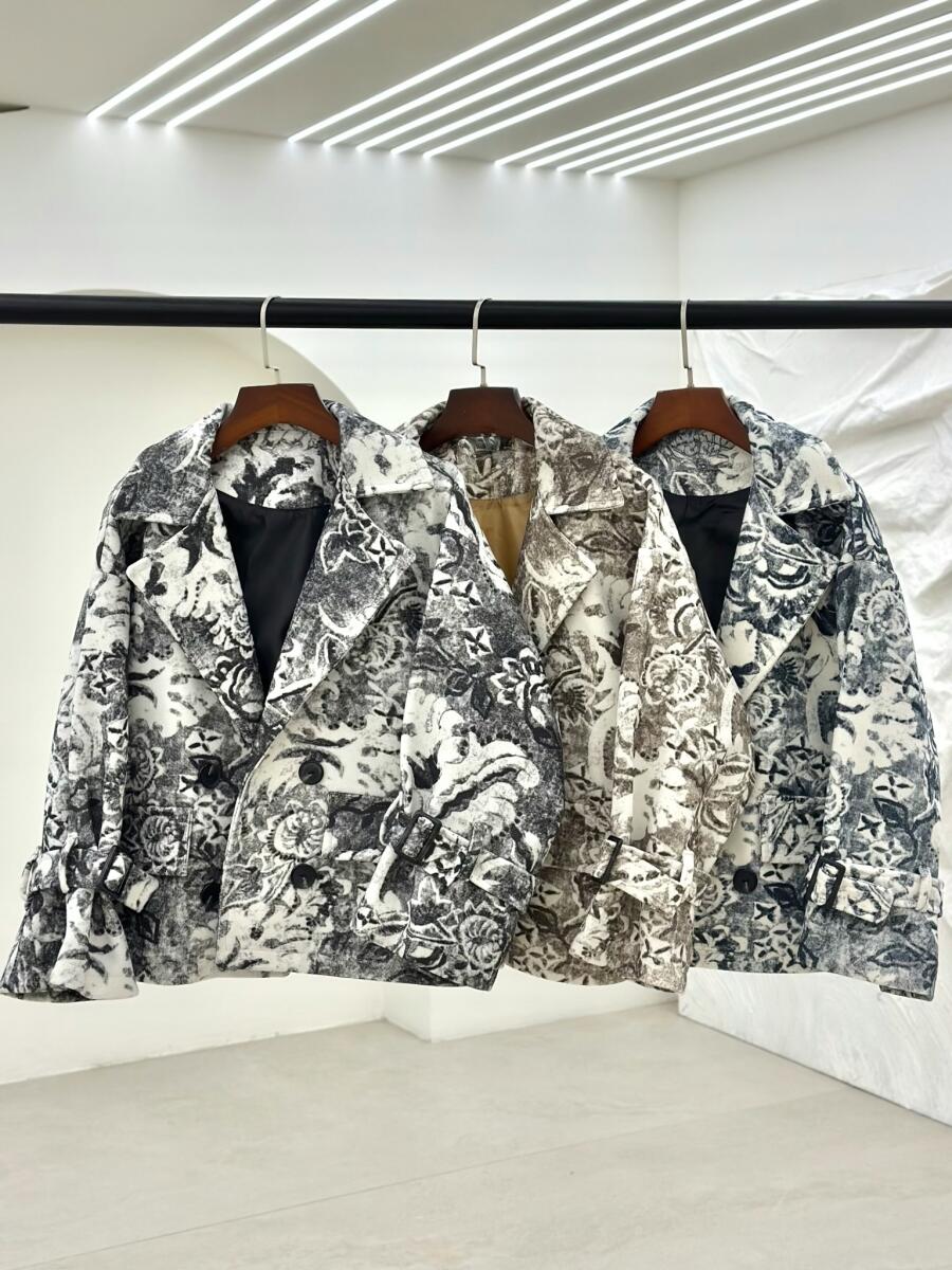 پالتو موهر کتی طرح دار آستین کمربندی آستردار pd299-8