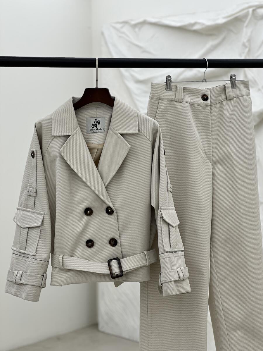 ست 2تیکه کت آستردار کوک دوزی شده و شلوار کتان کج راه pd321-10