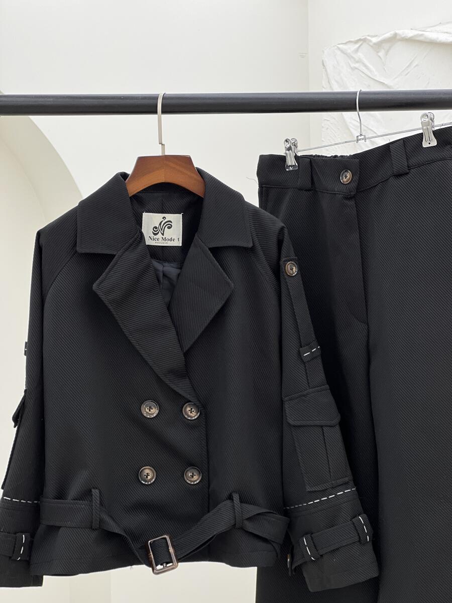 ست 2تیکه کت آستردار کوک دوزی شده و شلوار کتان کج راه pd321-10