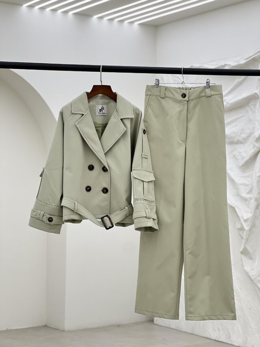 ست 2تیکه کت آستردار کوک دوزی شده و شلوار کتان کج راه pd321-10