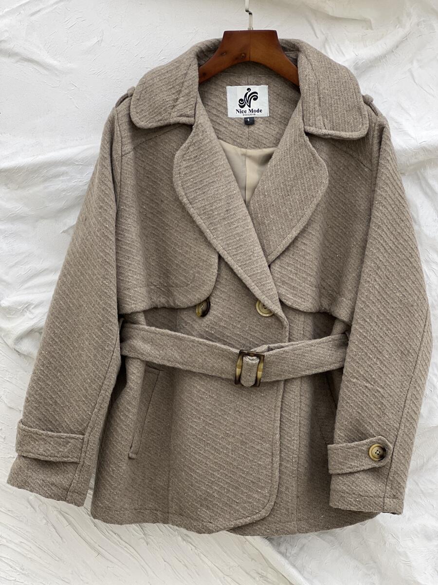 پالتو کتی طرح بافت کمربنددار آستردارpd332-6