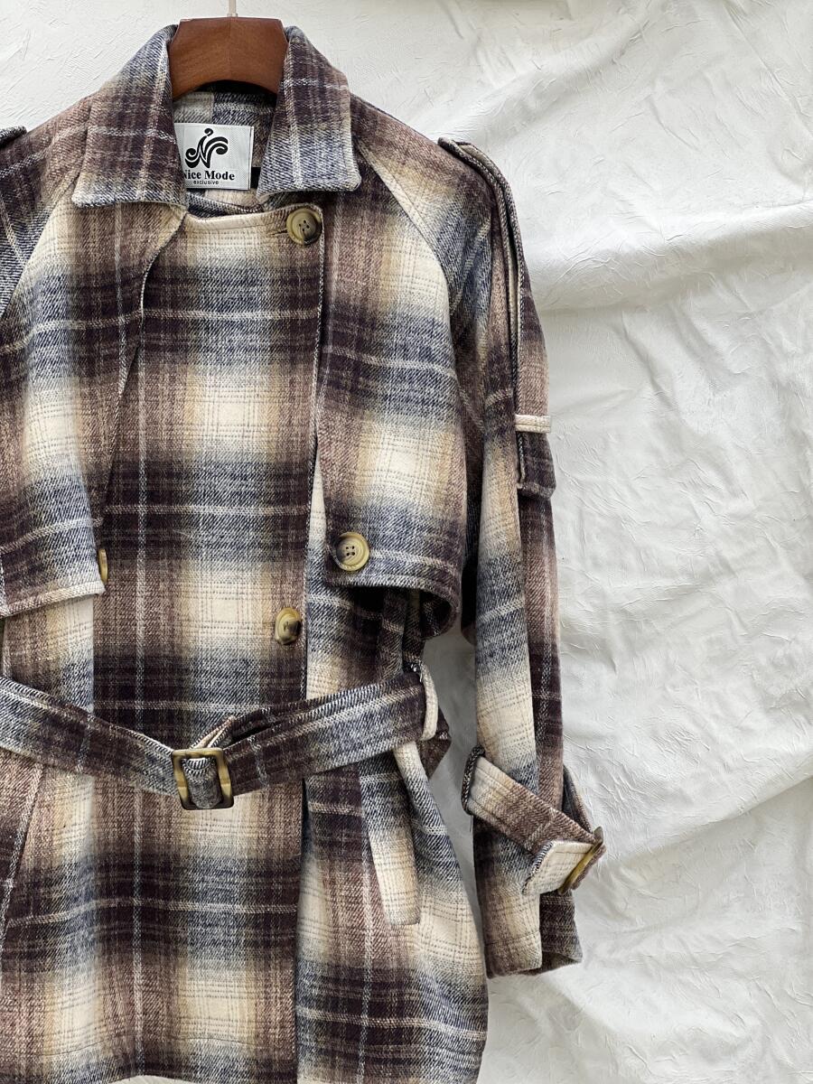 پالتو موهر یقه طرح دوبل چهارخونه آستردارpd330-15