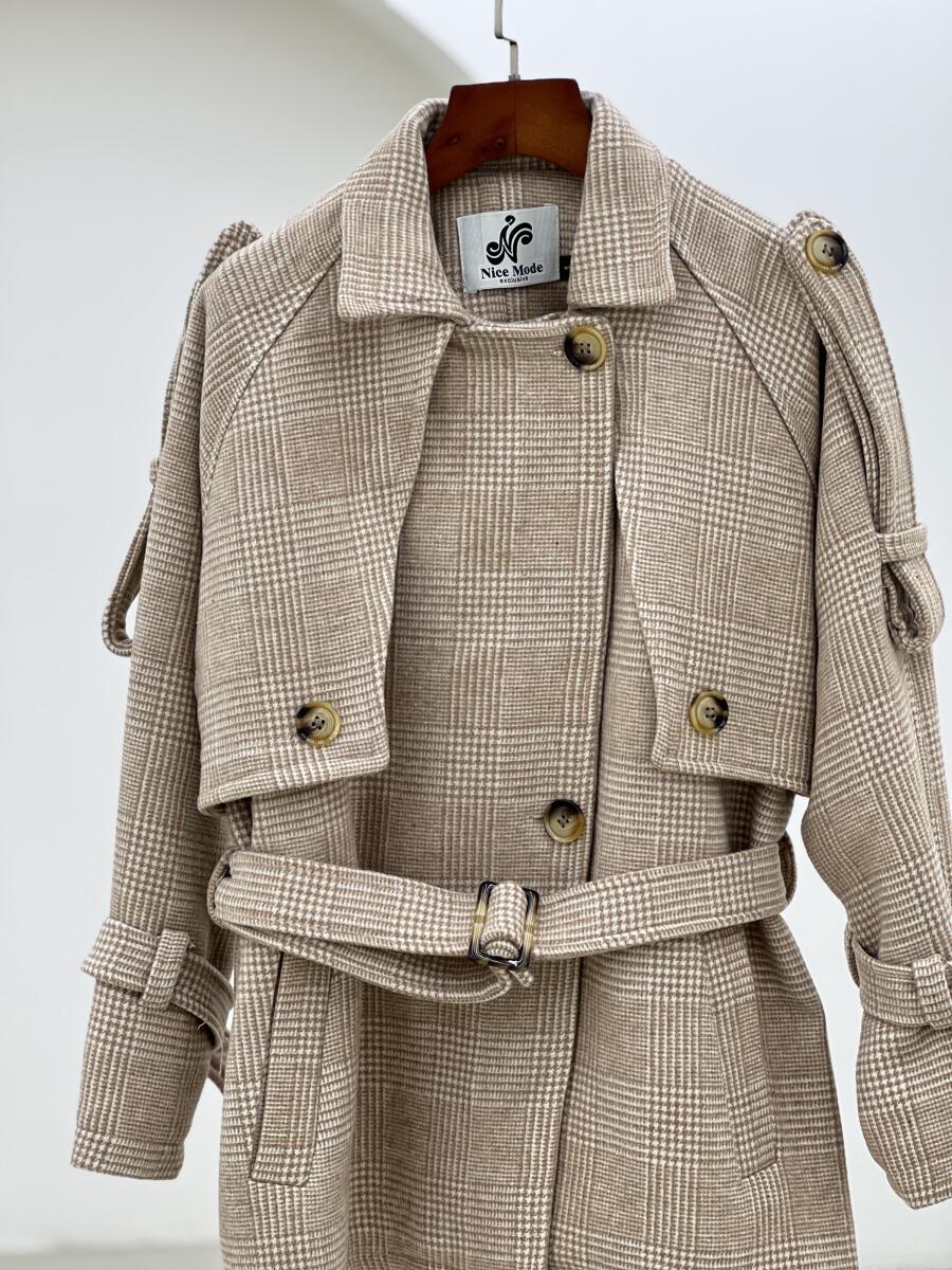 پالتو موهر یقه طرح دوبل چهارخونه آستردارpd330-15