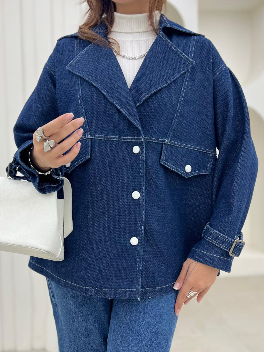 کت جین پاییزه یقه انگلیسی آستین کمربندی pd422-5