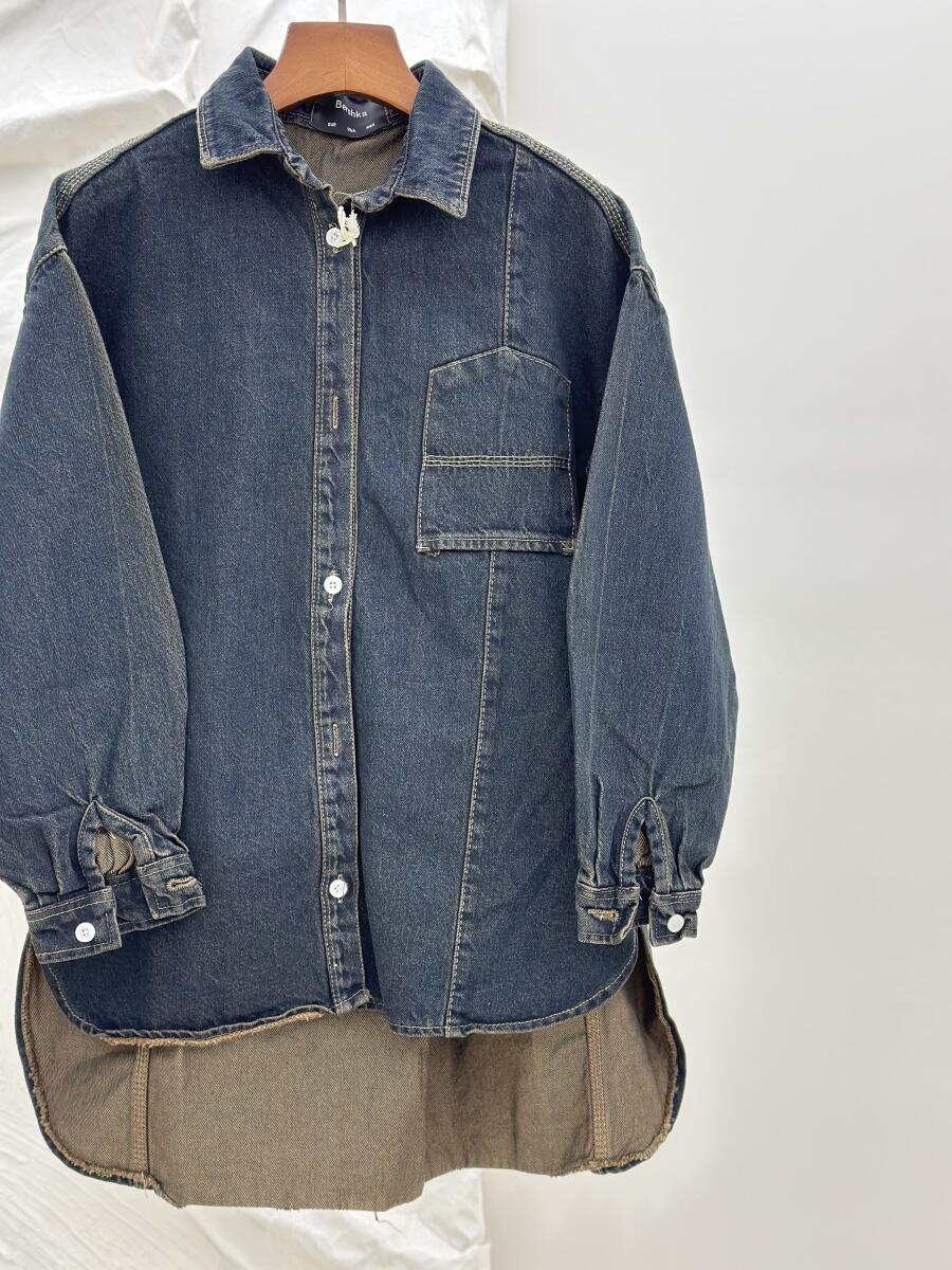 کت جین پاییزه دکمه دار آستین طرح پلیسه ای pd459-11