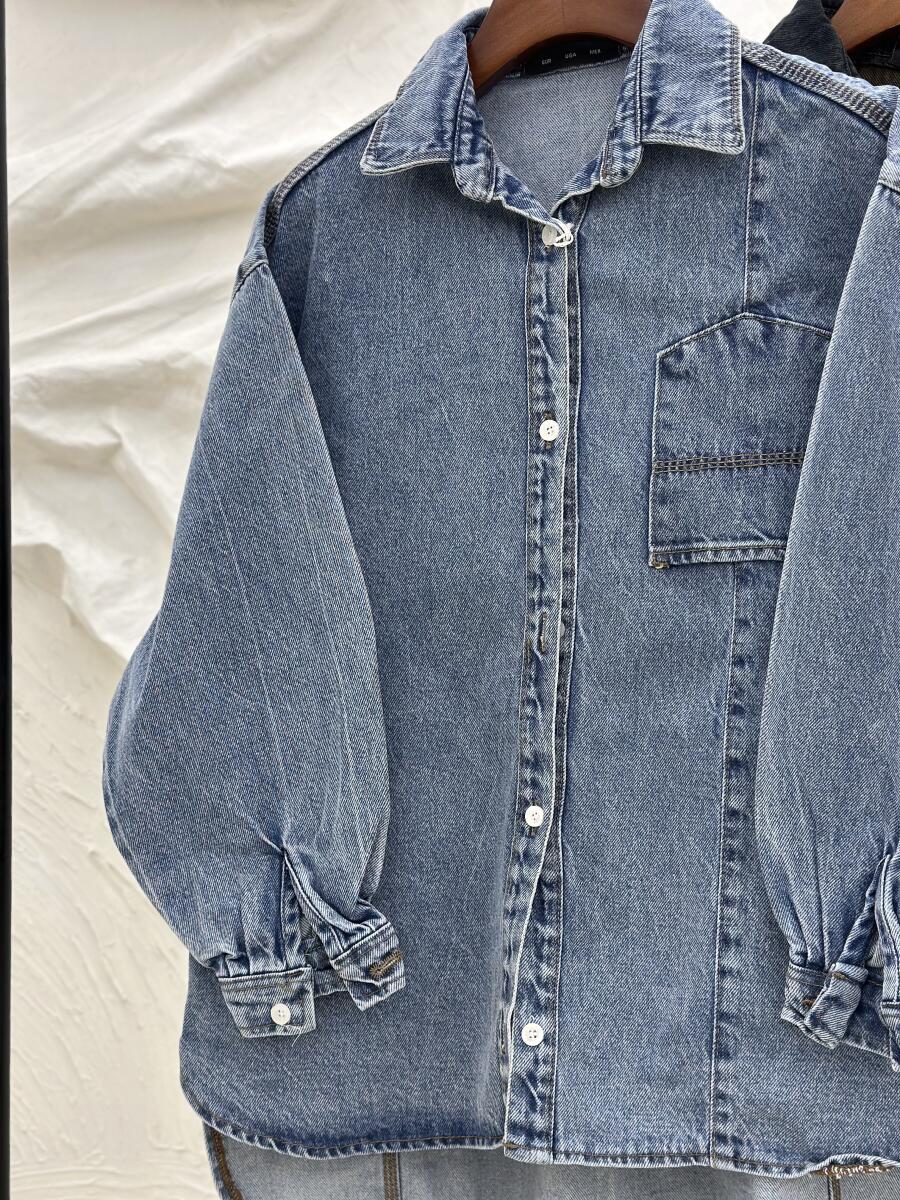 کت جین پاییزه دکمه دار آستین طرح پلیسه ای pd459-11