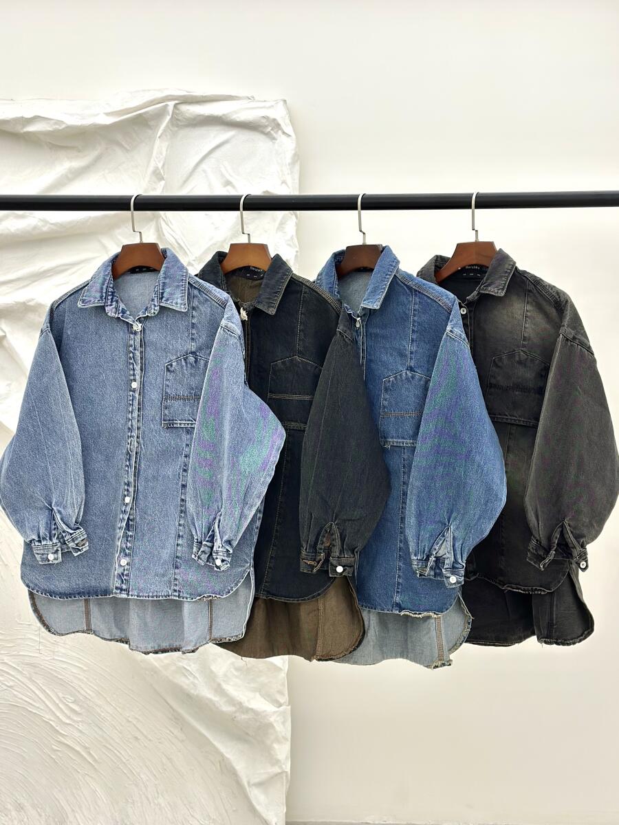 کت جین پاییزه دکمه دار آستین طرح پلیسه ای pd459-11