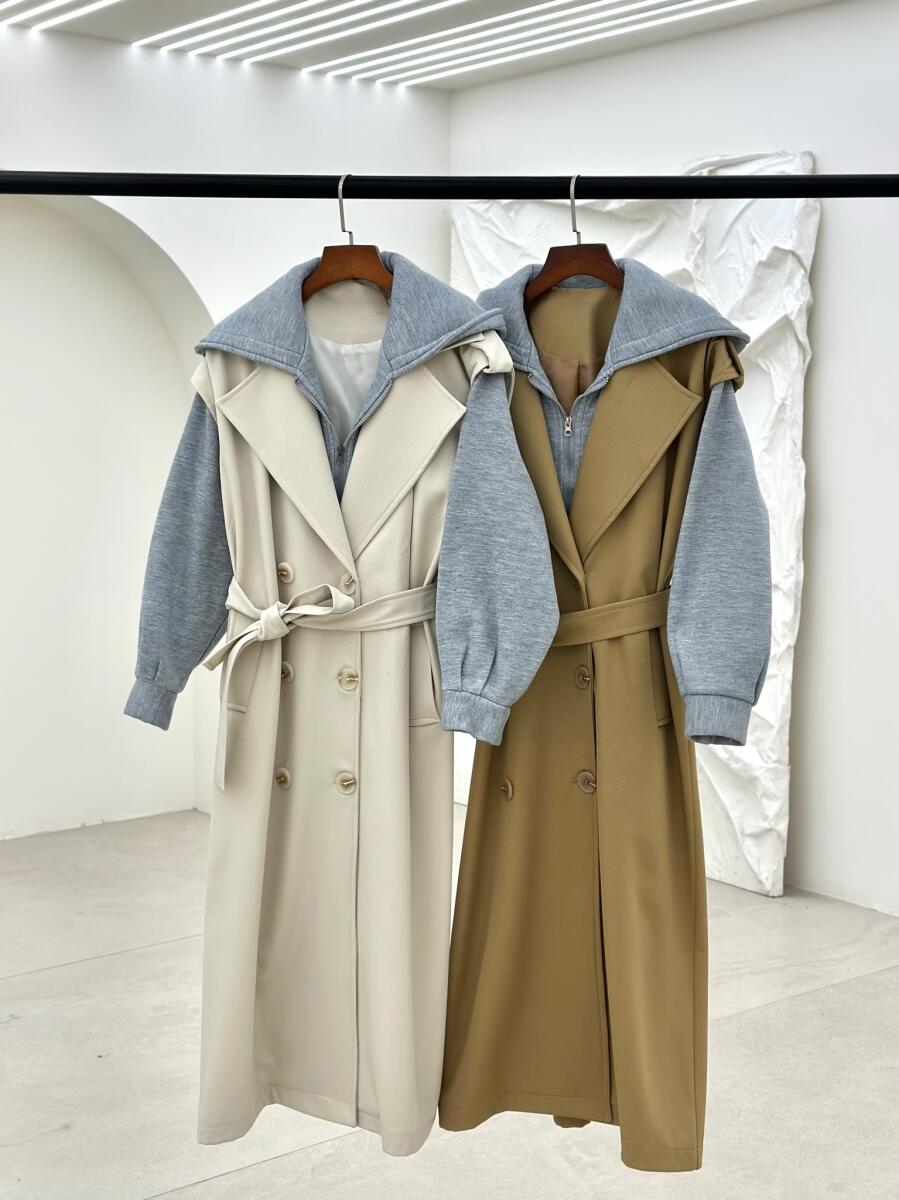 بارانی کتان کج راه طرح 2تیکه کلاه دار آستردار pd537-9