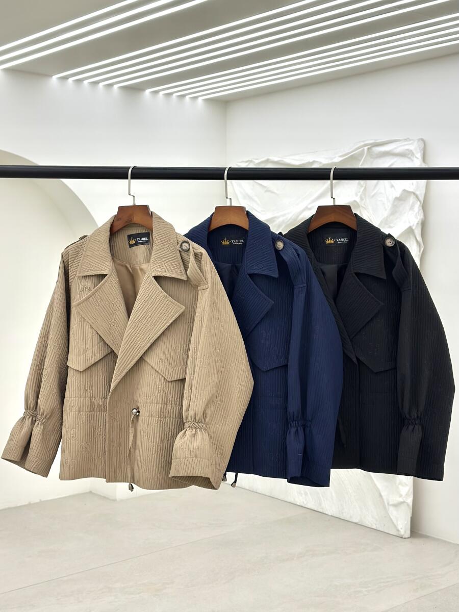 بارانی کتی پارچه طرح میله ای کمرگتر آستردار pd544-12