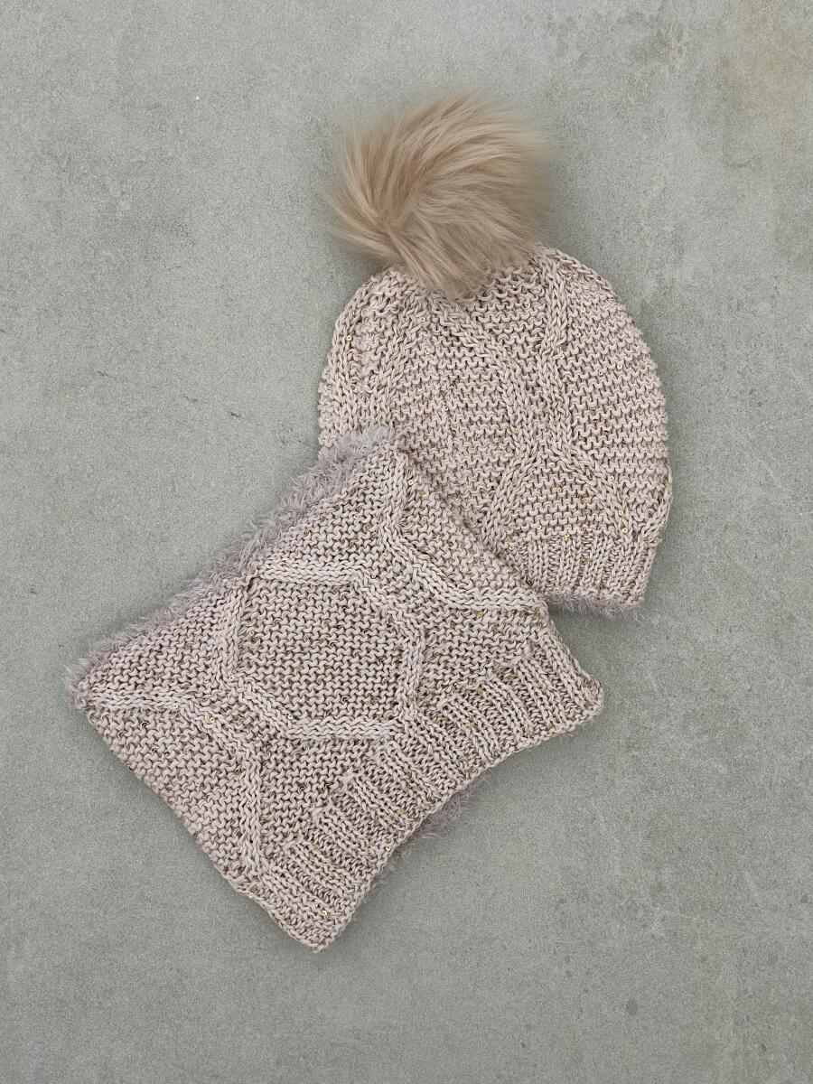 ست 2 تیکه کلاه پوم دار و شال گردن رینگی پولک دوزی شده id22