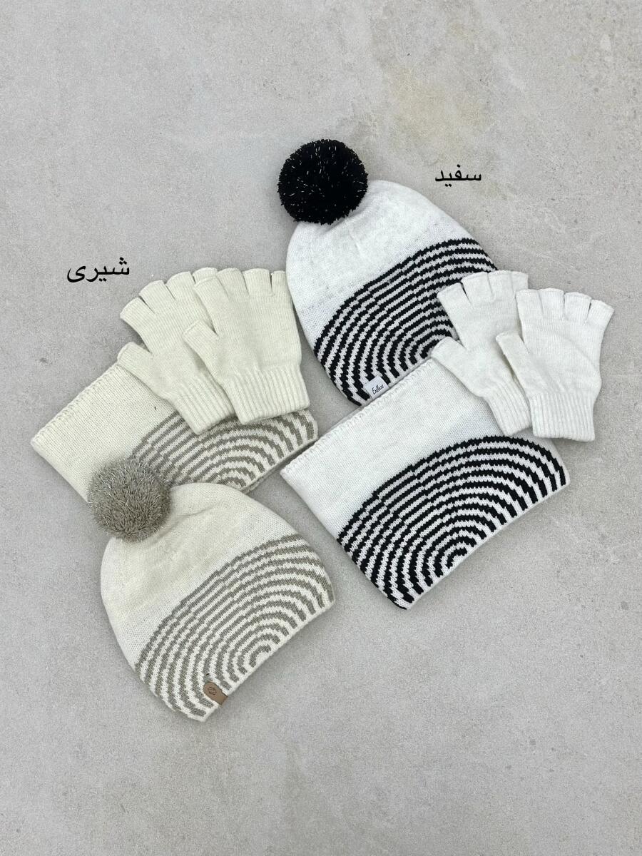 ست 3تیکه کلاه پوم دار طرح دار دستکش و شال گردن id21