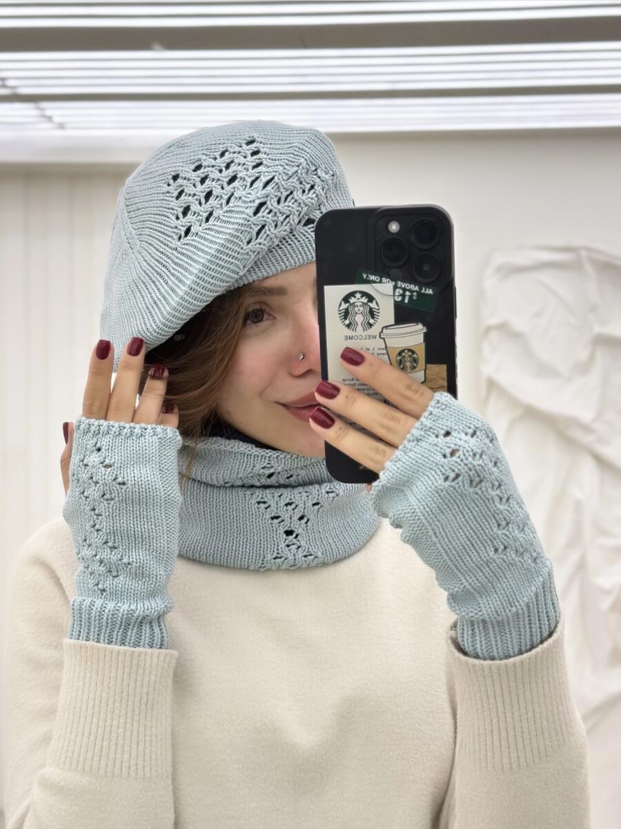 ست 3تیکه کلاه فرانسوی شال گردن رینگی و دستکش طرح 2لایه id20