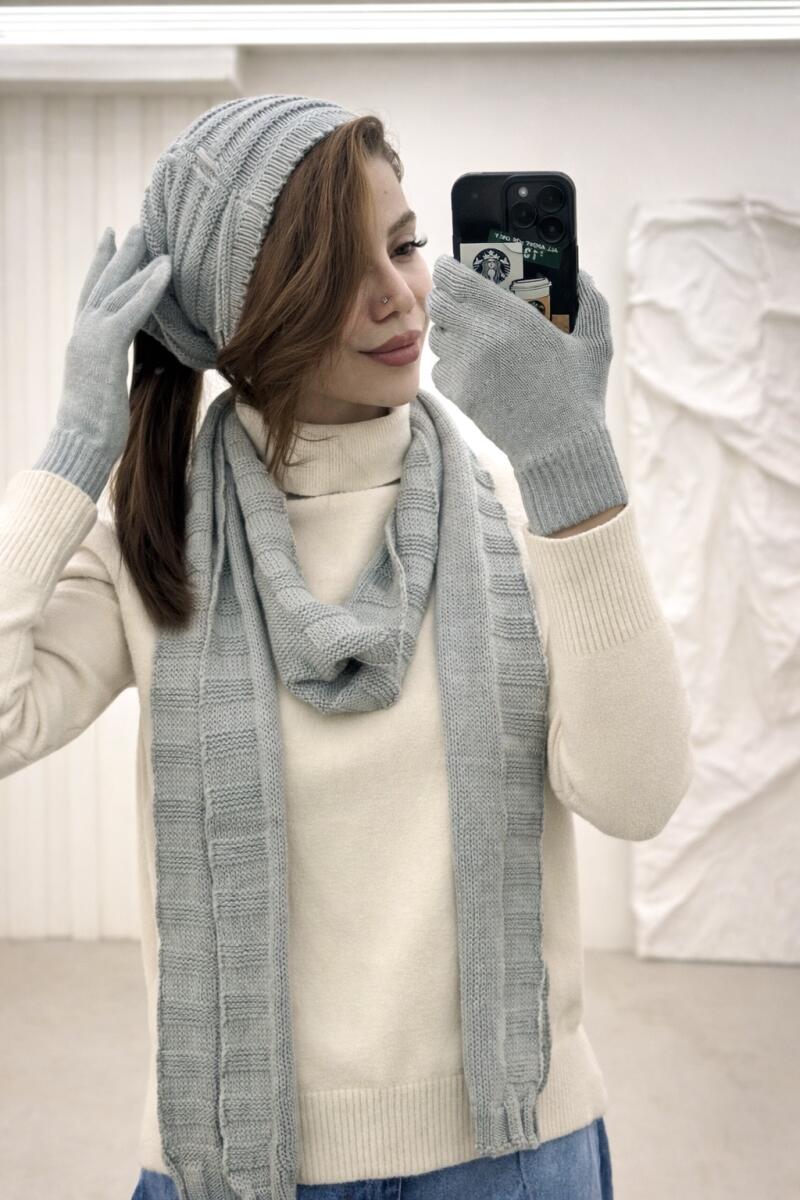 ست 3تیکه کلاه شال گردن و دستکش بافت طرح پلیسه ای id8