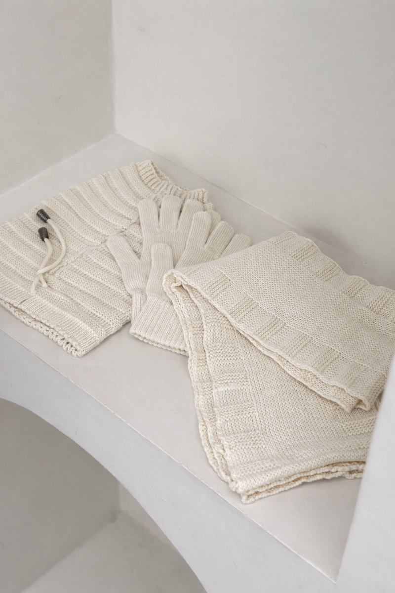 ست 3تیکه کلاه شال گردن و دستکش بافت طرح پلیسه ای id8