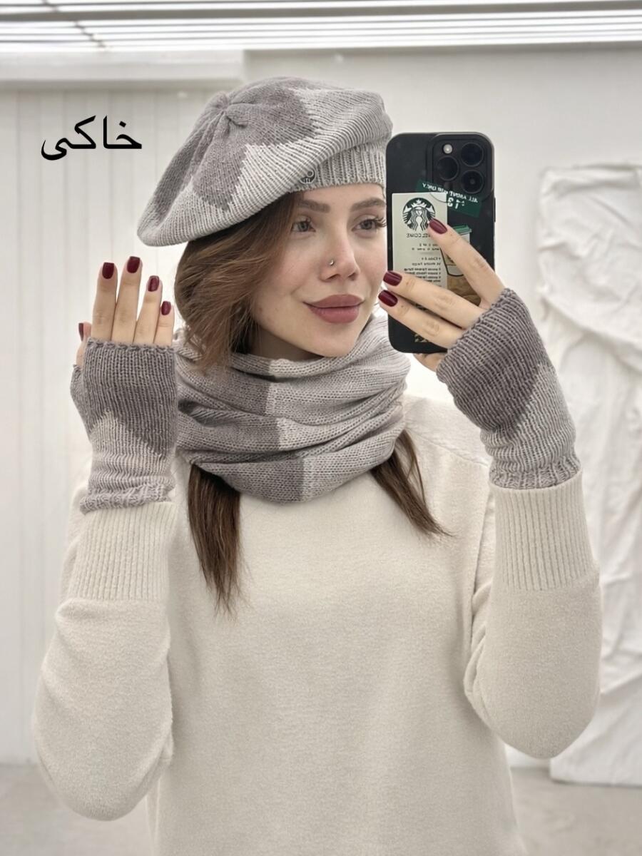 ست 3تیکه کلاه بافت فرانسوی و شال گردن رینگی و دستکش id18