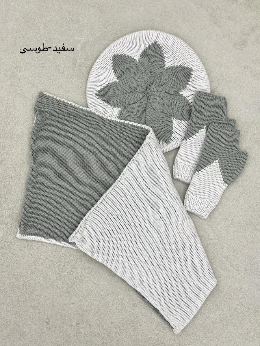 ست 3تیکه کلاه بافت فرانسوی و شال گردن رینگی و دستکش id18