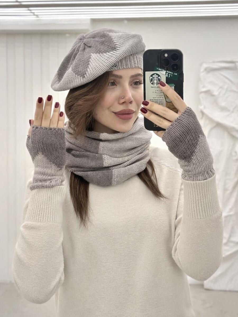 ست 3تیکه کلاه بافت فرانسوی و شال گردن رینگی و دستکش id18