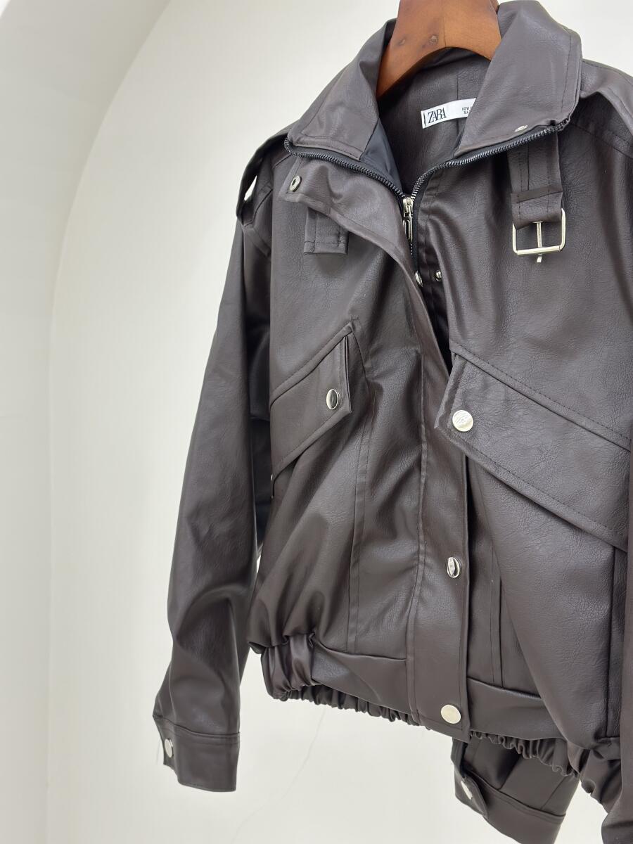 کاپشن چرم یقه کمربندی آستردار pd566-7