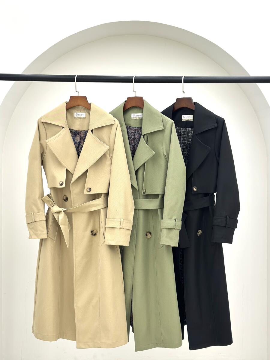 بارانی کتان کج راه یقه طرح دوبل آستین کمربندی آستردار pd594-2