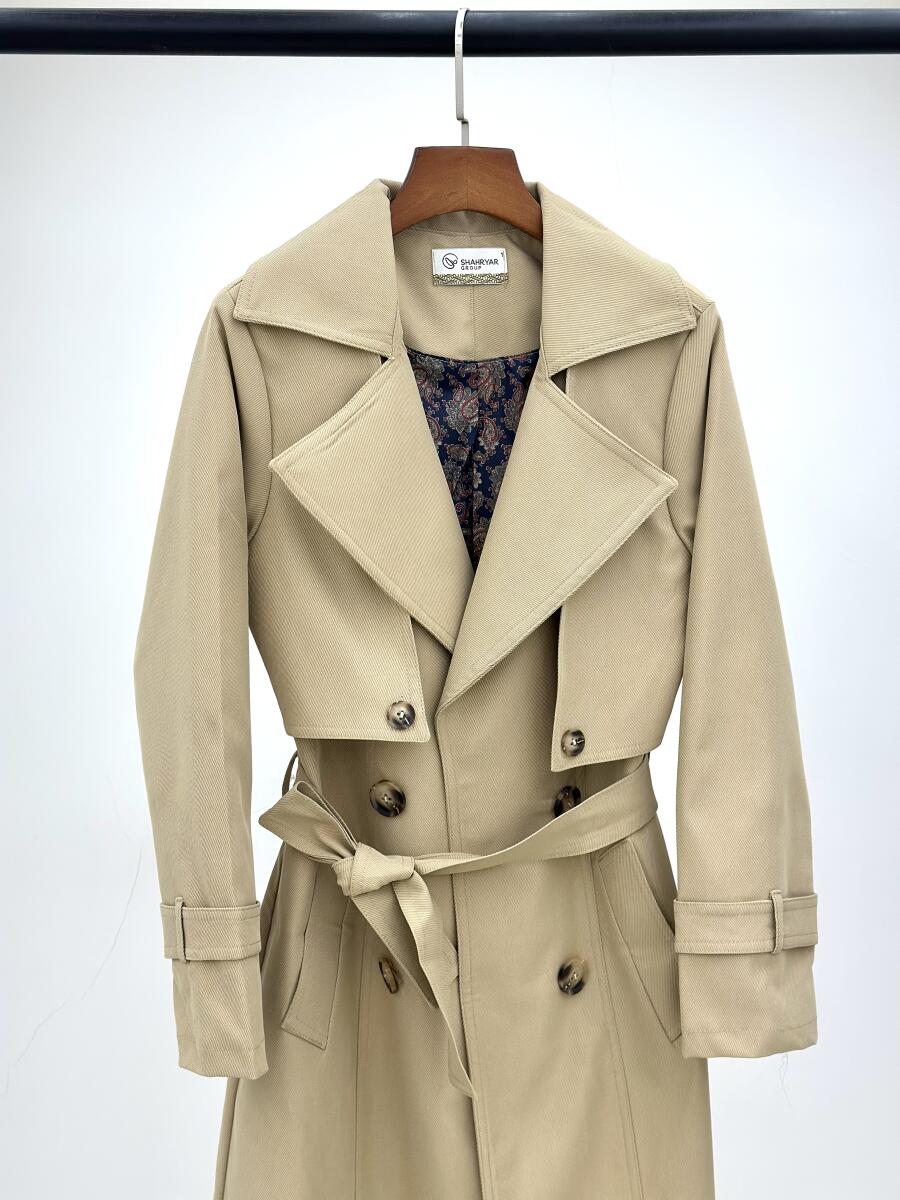 بارانی کتان کج راه یقه طرح دوبل آستین کمربندی آستردار pd594-2