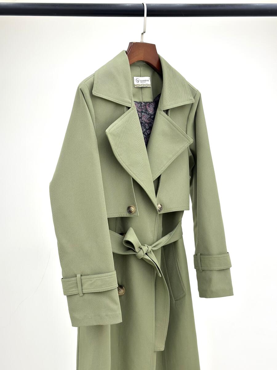 بارانی کتان کج راه یقه طرح دوبل آستین کمربندی آستردار pd594-2