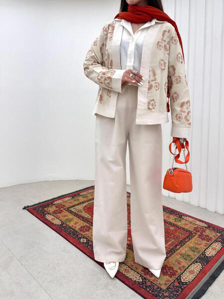 ست3تیکه شومیز و شلوار و کت گلدوزی شده طرح گل لینن bt434-1