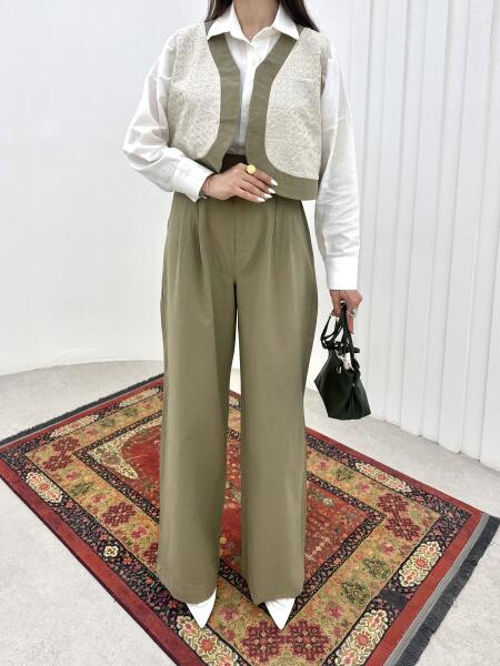 ست3تیکه شومیز و شلوار و وست گلدوزی شده طرح هندسی لینن  2-bt457