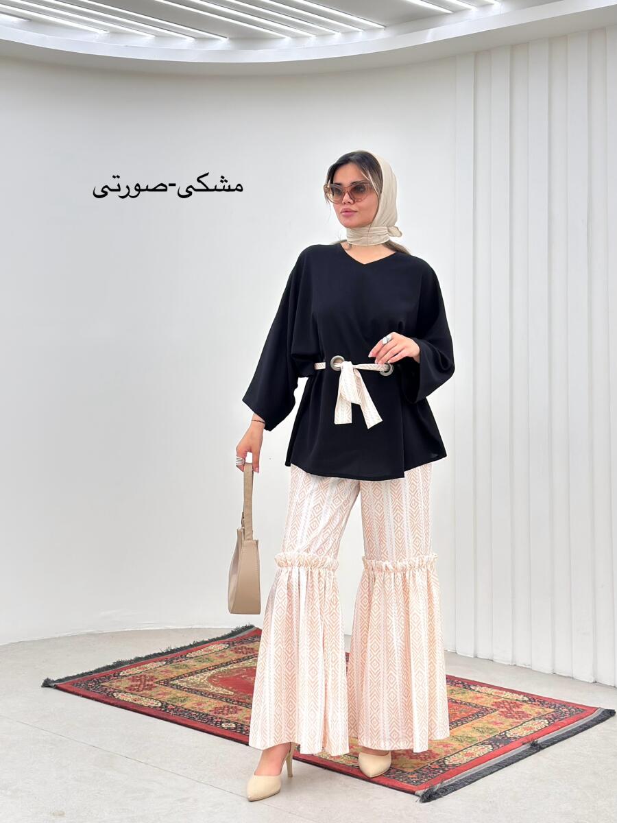 ست2تیکه پانچ کمربنددار و شلوار طرح دار7 -bt625
